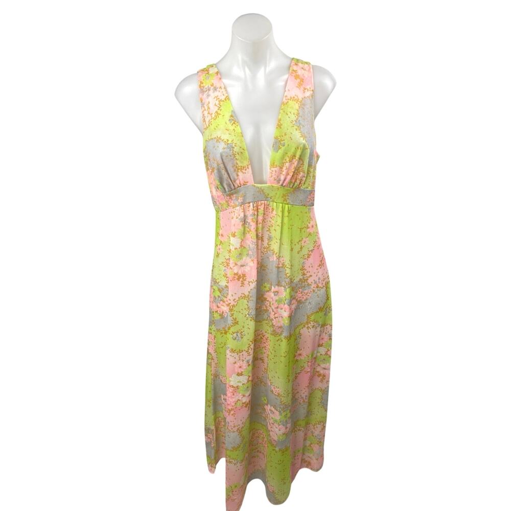 Vintage Val Mode Green Floral Grass Sleeveless Plunging A Line Maxi Dress Sz M